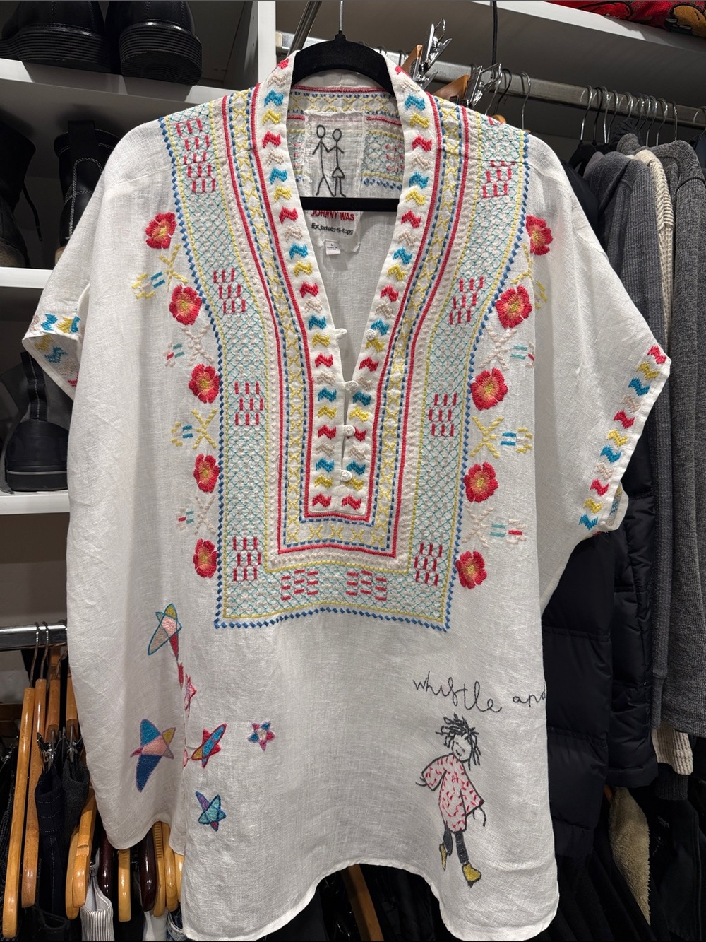 RARE Johnny Was Nandi White Linen Embroidered Tunic Blouse SIZE L